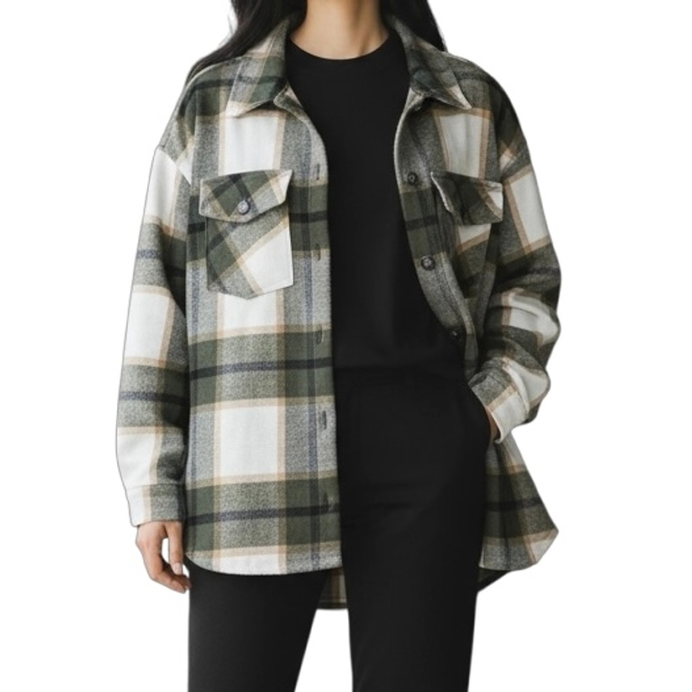 C by one Green Plaid Flannel Oversized Shacket Button Front Shirt Jacket SMALL